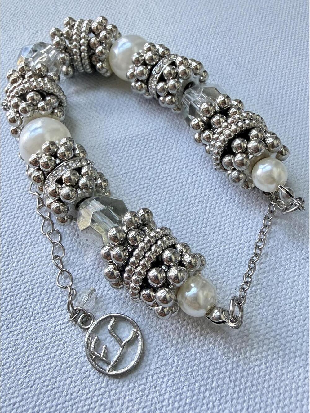Vintage ELLE Silver Tone Faux Pearl Crystal Beaded Necklace